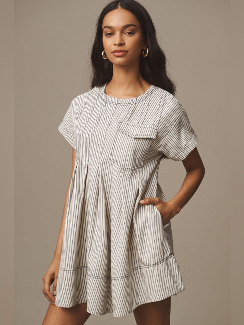 Anthropologie Short-Sleeve Denim Mini Swing Dress by Pilcro